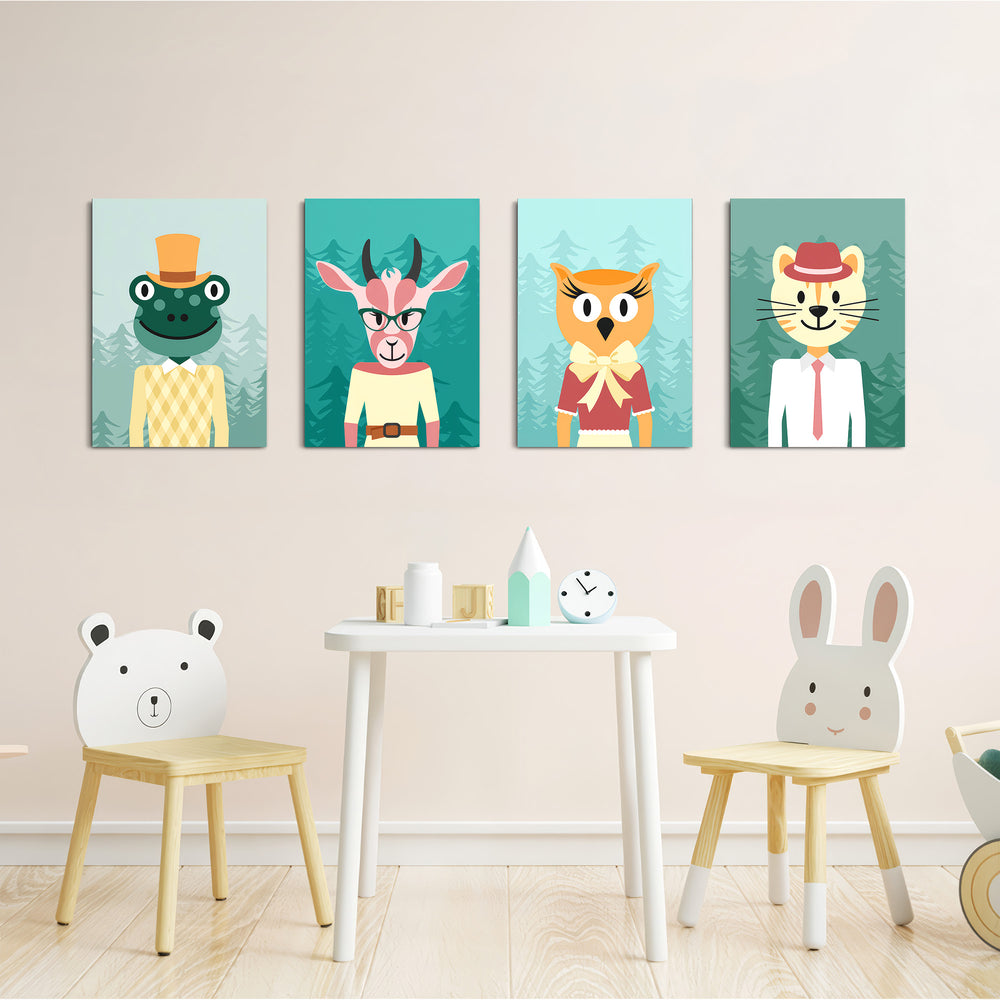Dapper Forest Animals 4 Pieces Kids Metal Wall Art.