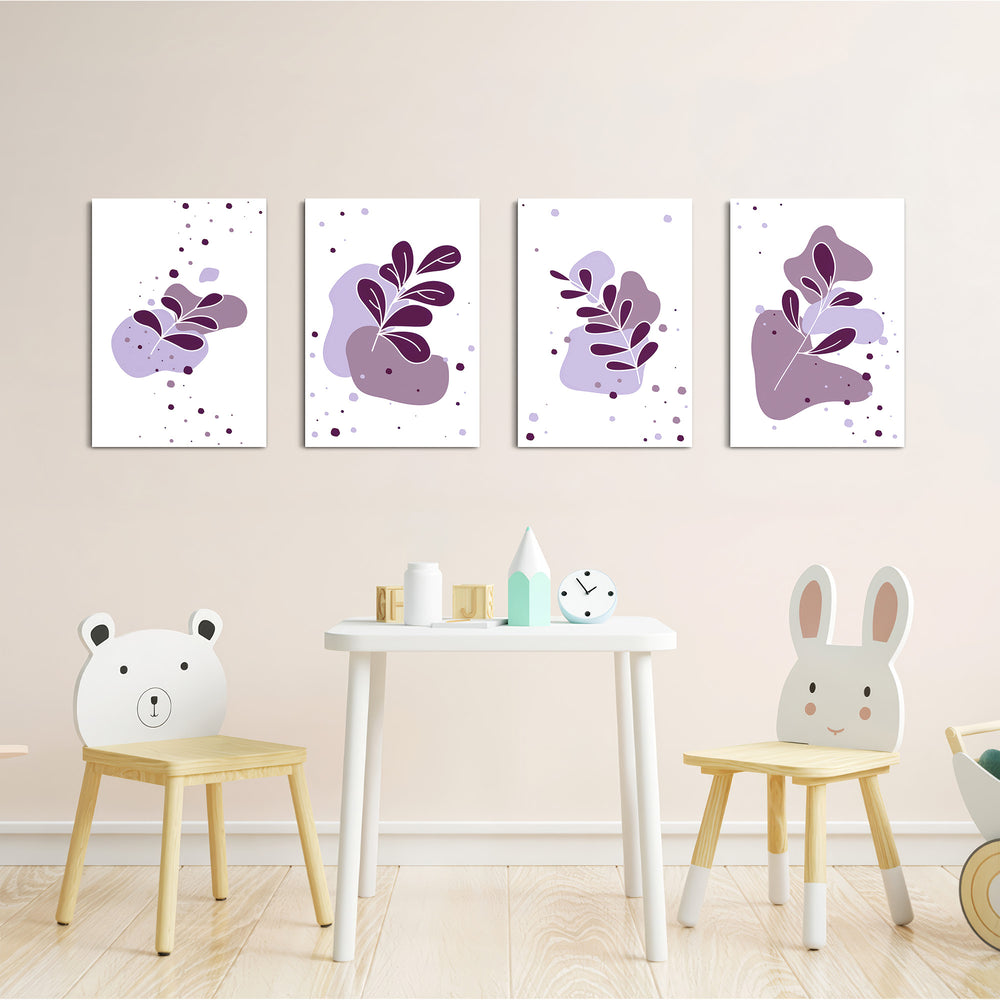 Purple Abstract Leaves 4 Pieces Kids Metal Wall Art.