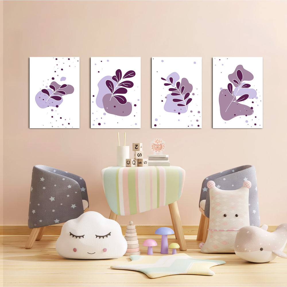 Purple Abstract Leaves 4 Pieces Kids Metal Wall Art.