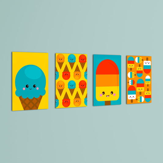 Kawaii Ice Cream Treats 4 Pieces Kids Metal Wall Art.