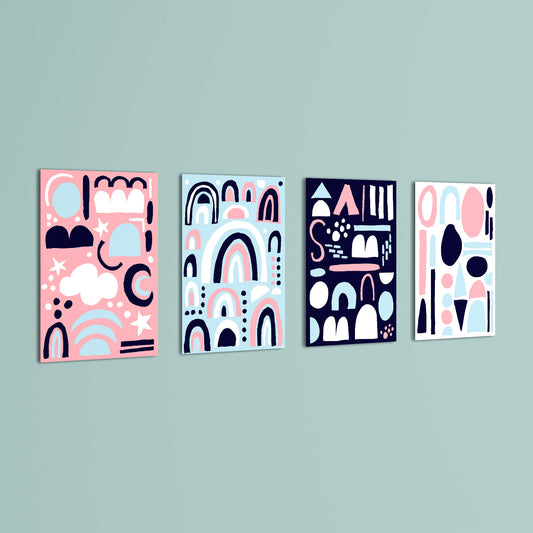 Scandi Shapes & Rainbows 4 Pieces Kids Metal Wall Art.