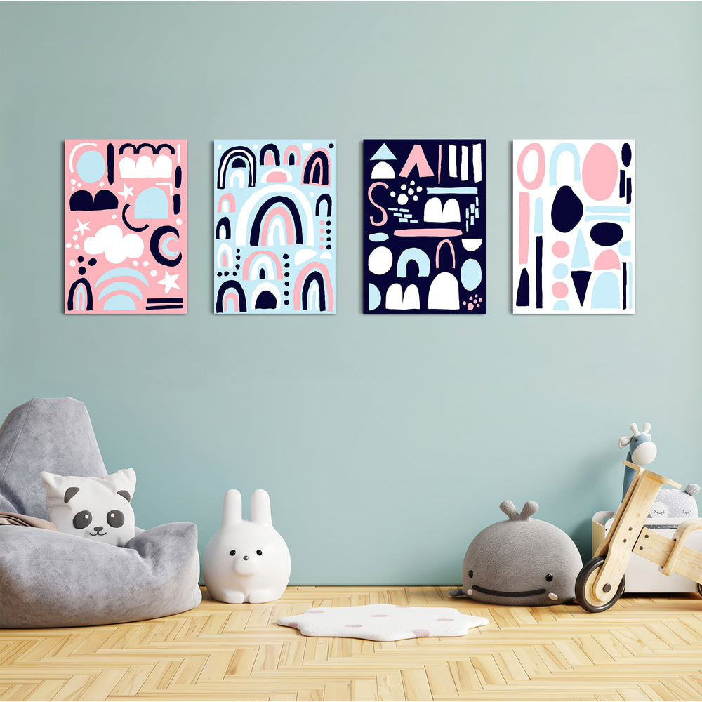 Scandi Shapes & Rainbows 4 Pieces Kids Metal Wall Art.