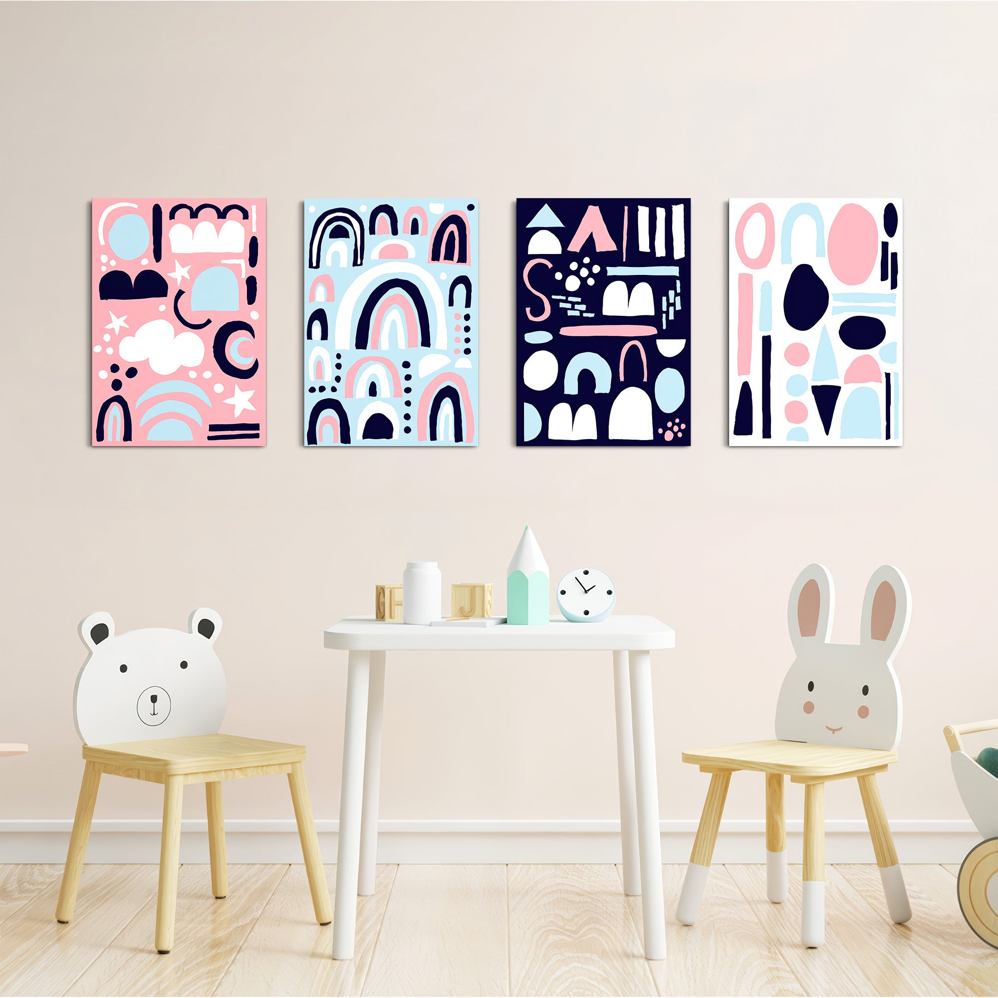Scandi Shapes & Rainbows 4 Pieces Kids Metal Wall Art.