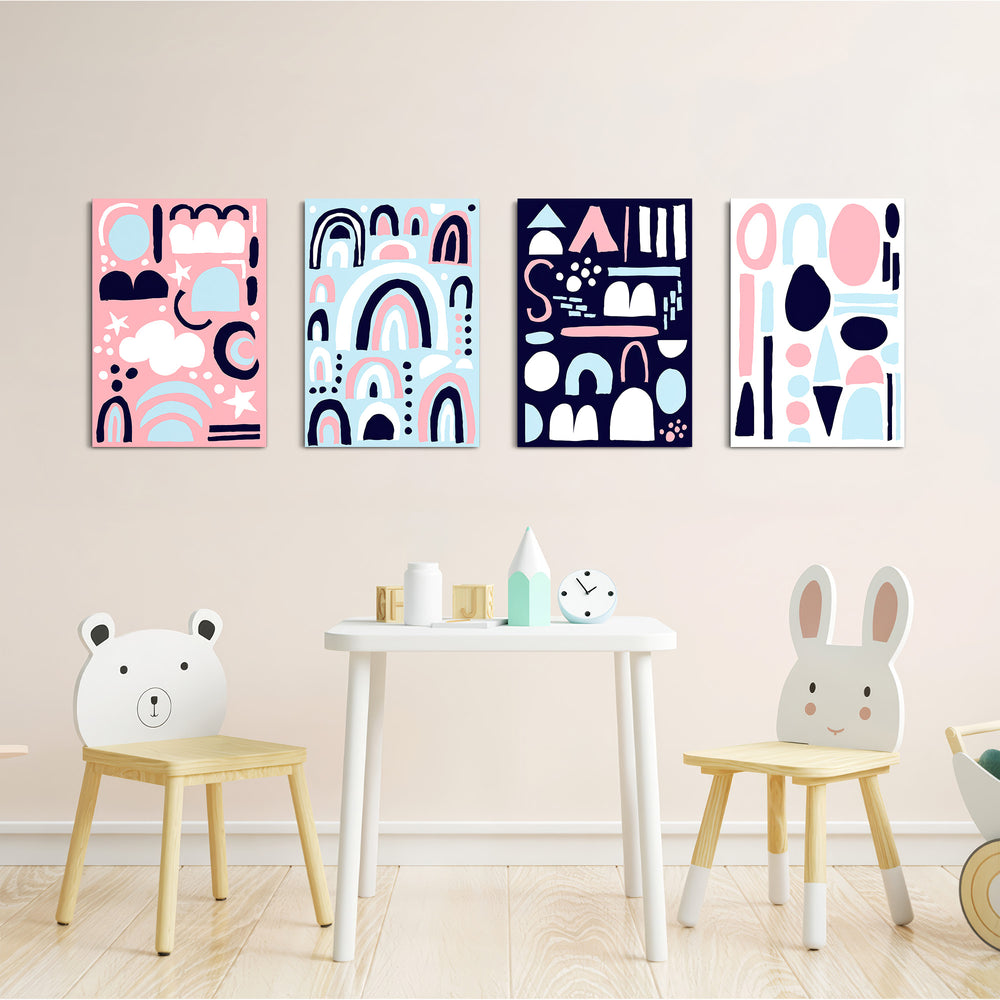 Scandi Shapes & Rainbows 4 Pieces Kids Metal Wall Art.