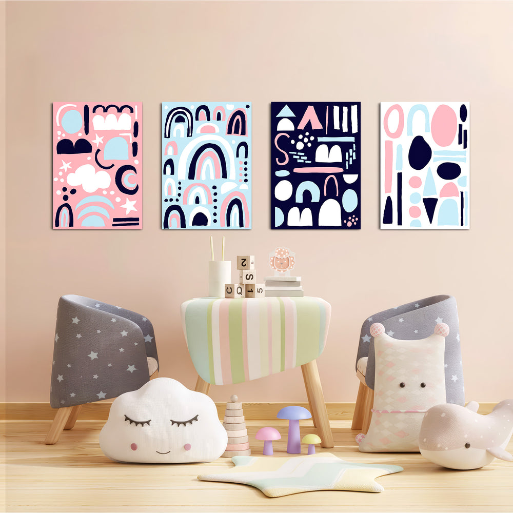Scandi Shapes & Rainbows 4 Pieces Kids Metal Wall Art.