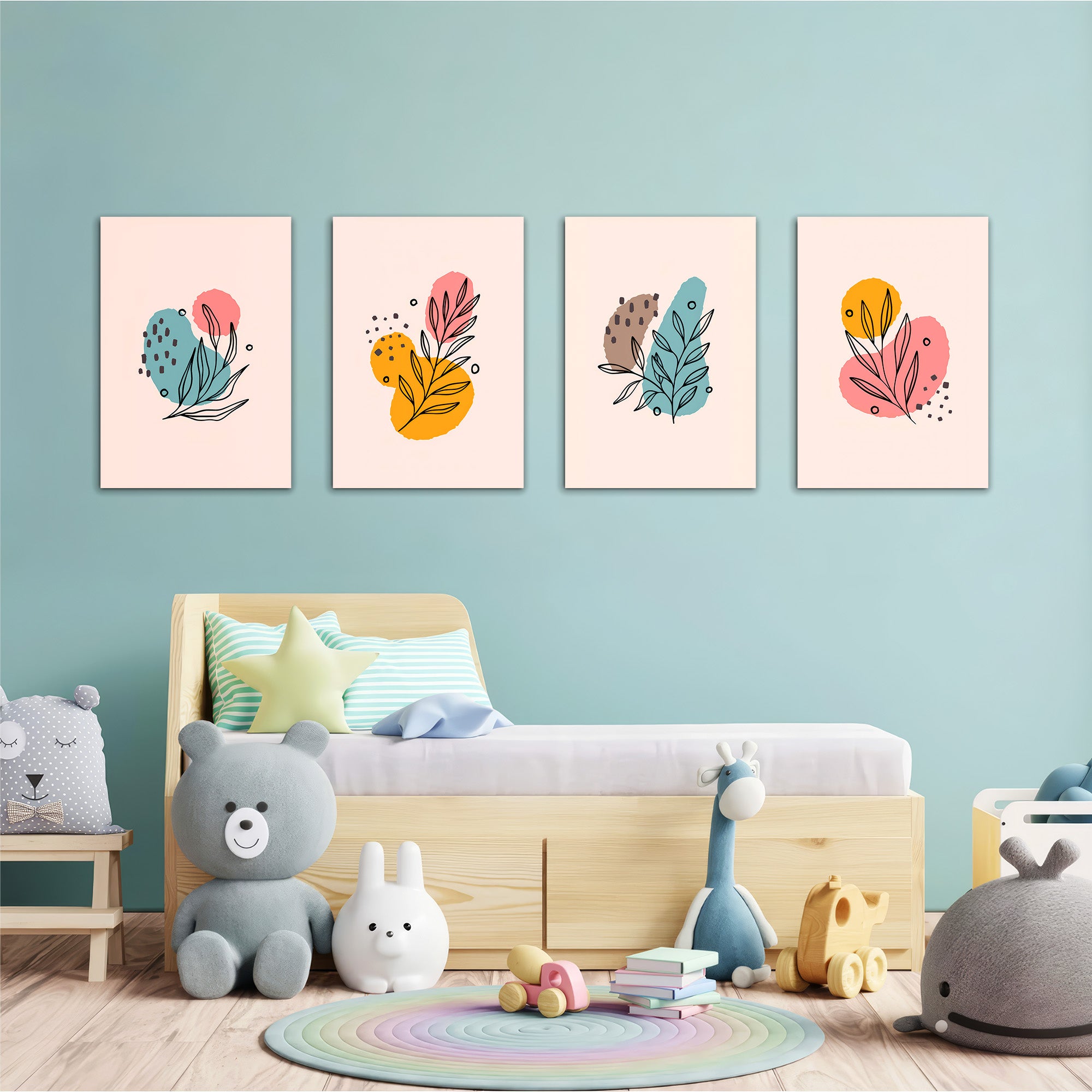 Pastel Botanical Line Art 4 Pieces Kids Metal Wall Art.