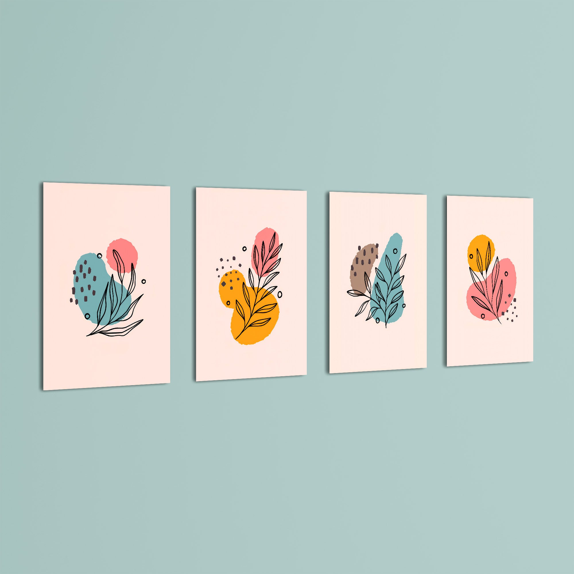 Pastel Botanical Line Art 4 Pieces Kids Metal Wall Art.