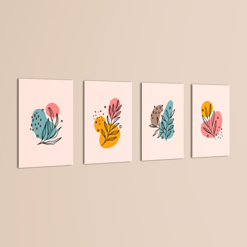 Pastel Botanical Line Art 4 Pieces Kids Metal Wall Art.