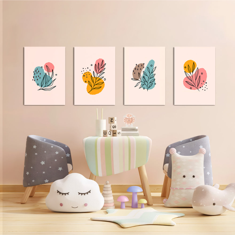Pastel Botanical Line Art 4 Pieces Kids Metal Wall Art.