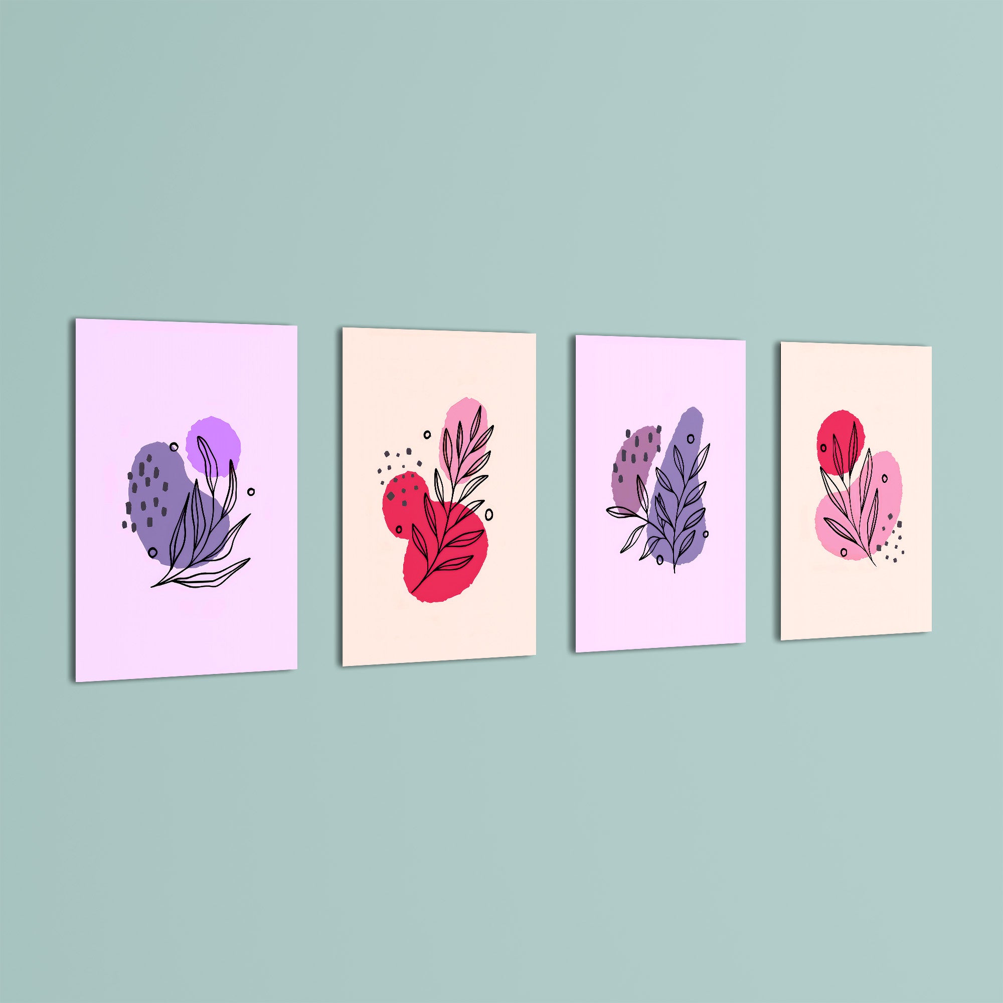 Pink Purple Botanical Line Art 4 Pieces Kids Metal Wall Art.