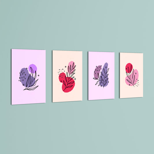 Pink Purple Botanical Line Art 4 Pieces Kids Metal Wall Art.