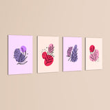 Pink Purple Botanical Line Art 4 Pieces Kids Metal Wall Art.