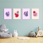 Pink Purple Botanical Line Art 4 Pieces Kids Metal Wall Art.