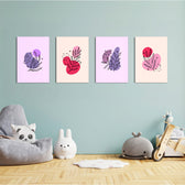 Pink Purple Botanical Line Art 4 Pieces Kids Metal Wall Art.