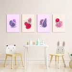 Pink Purple Botanical Line Art 4 Pieces Kids Metal Wall Art.