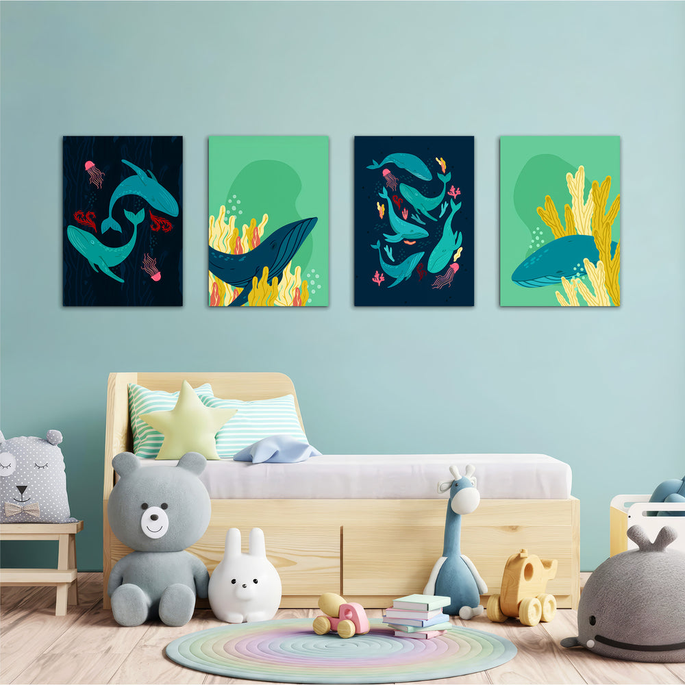 Whales & Coral Reef 4 Pieces Kids Metal Wall Art.