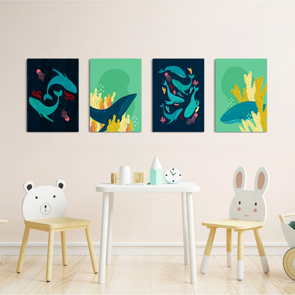 Whales & Coral Reef 4 Pieces Kids Metal Wall Art.