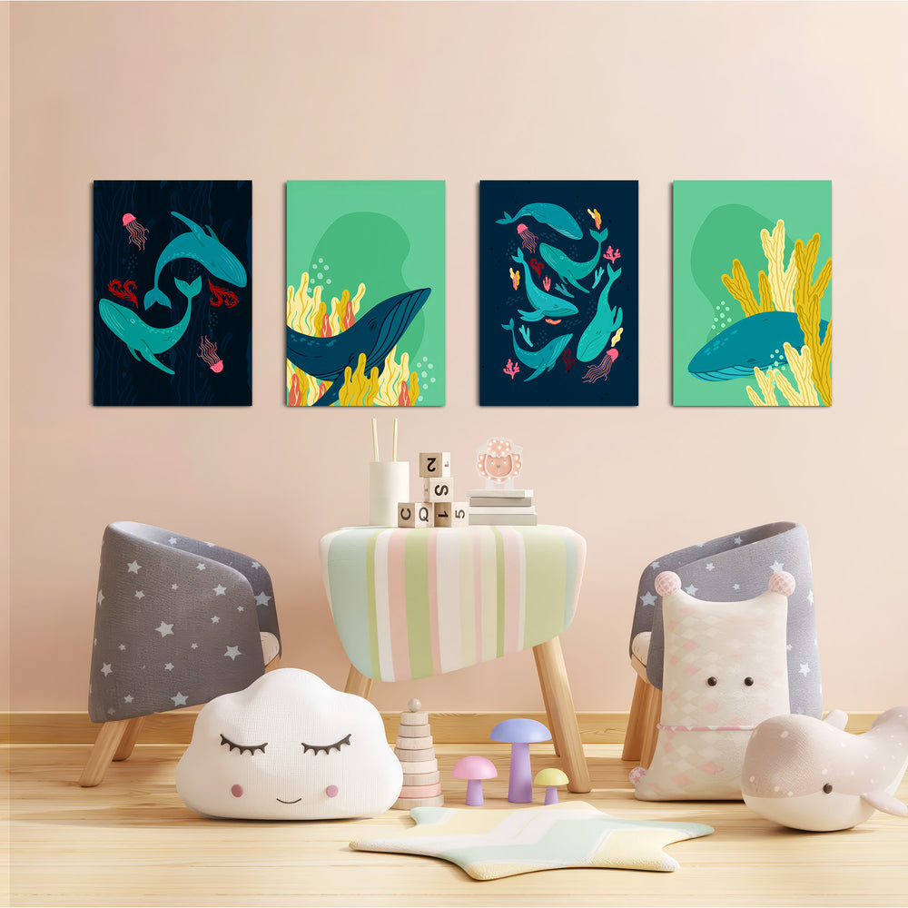 Whales & Coral Reef 4 Pieces Kids Metal Wall Art.