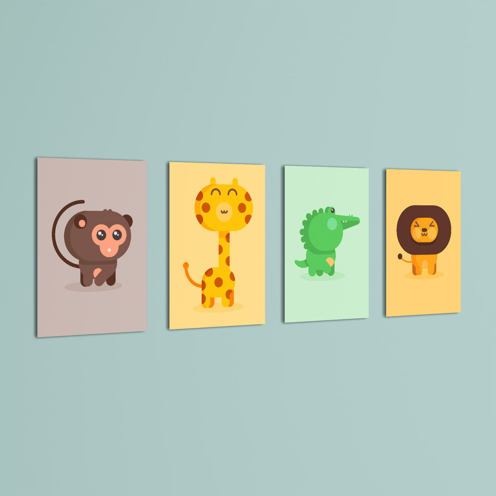Cute Safari Animals 4 Pieces Kids Metal Wall Art.