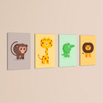 Cute Safari Animals 4 Pieces Kids Metal Wall Art.