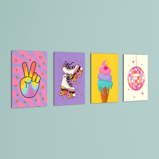 Retro Groovy Fun 4 Pieces Kids Metal Wall Art.