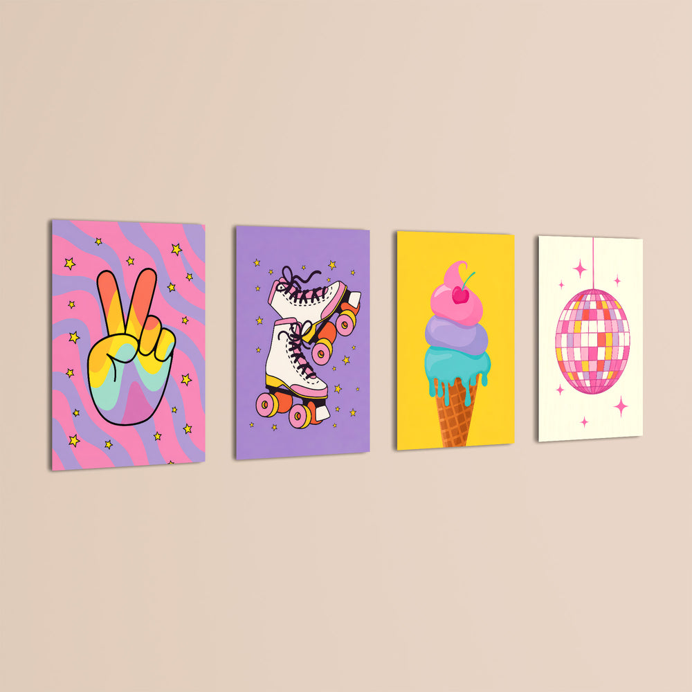 Retro Groovy Fun 4 Pieces Kids Metal Wall Art.