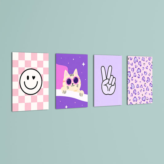 Pink Purple Aesthetic 4 Pieces Kids Metal Wall Art.