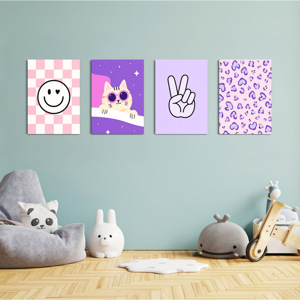 Pink Purple Aesthetic 4 Pieces Kids Metal Wall Art.