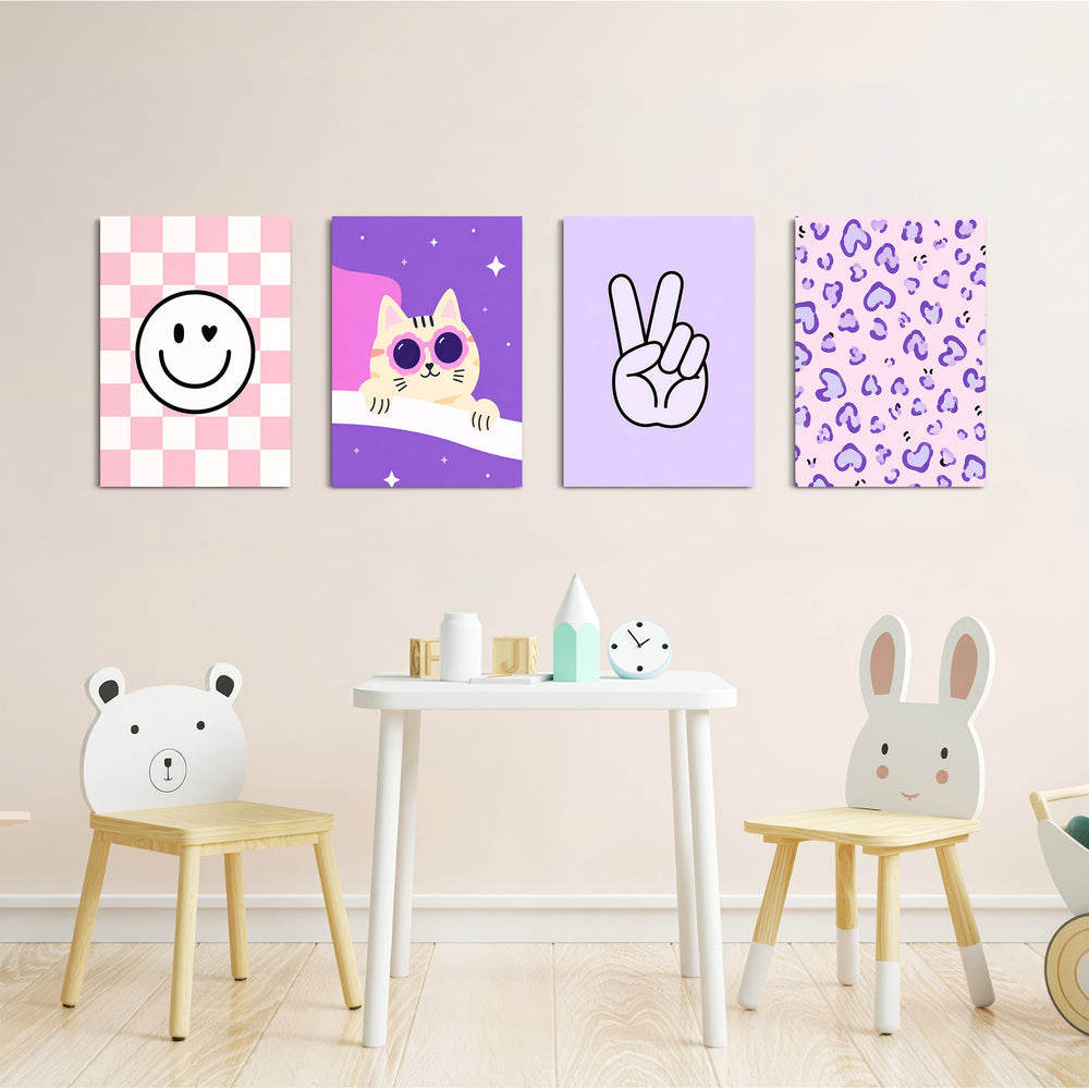 Pink Purple Aesthetic 4 Pieces Kids Metal Wall Art.