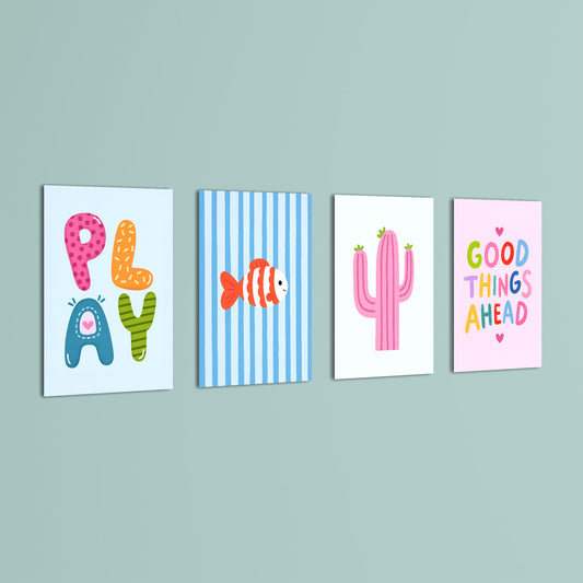 Play Day Cactus & Fish 4 Pieces Kids Metal Wall Art.