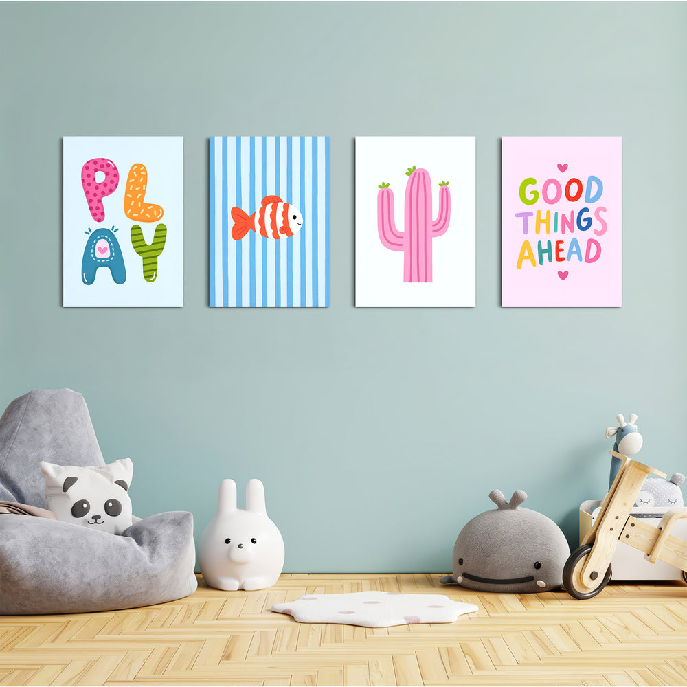 Play Day Cactus & Fish 4 Pieces Kids Metal Wall Art.