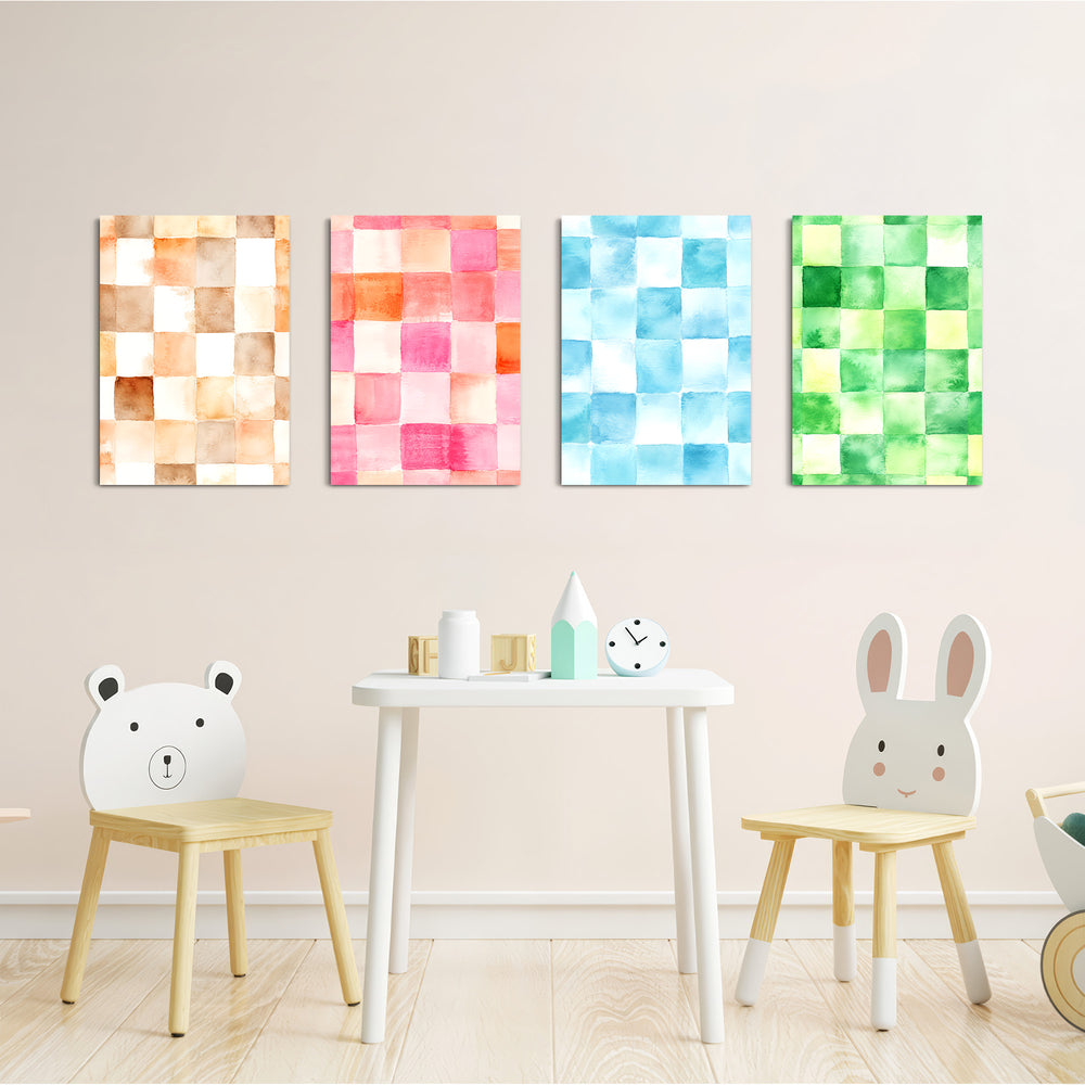 Watercolor Checkerboard 4 Pieces Kids Metal Wall Art.