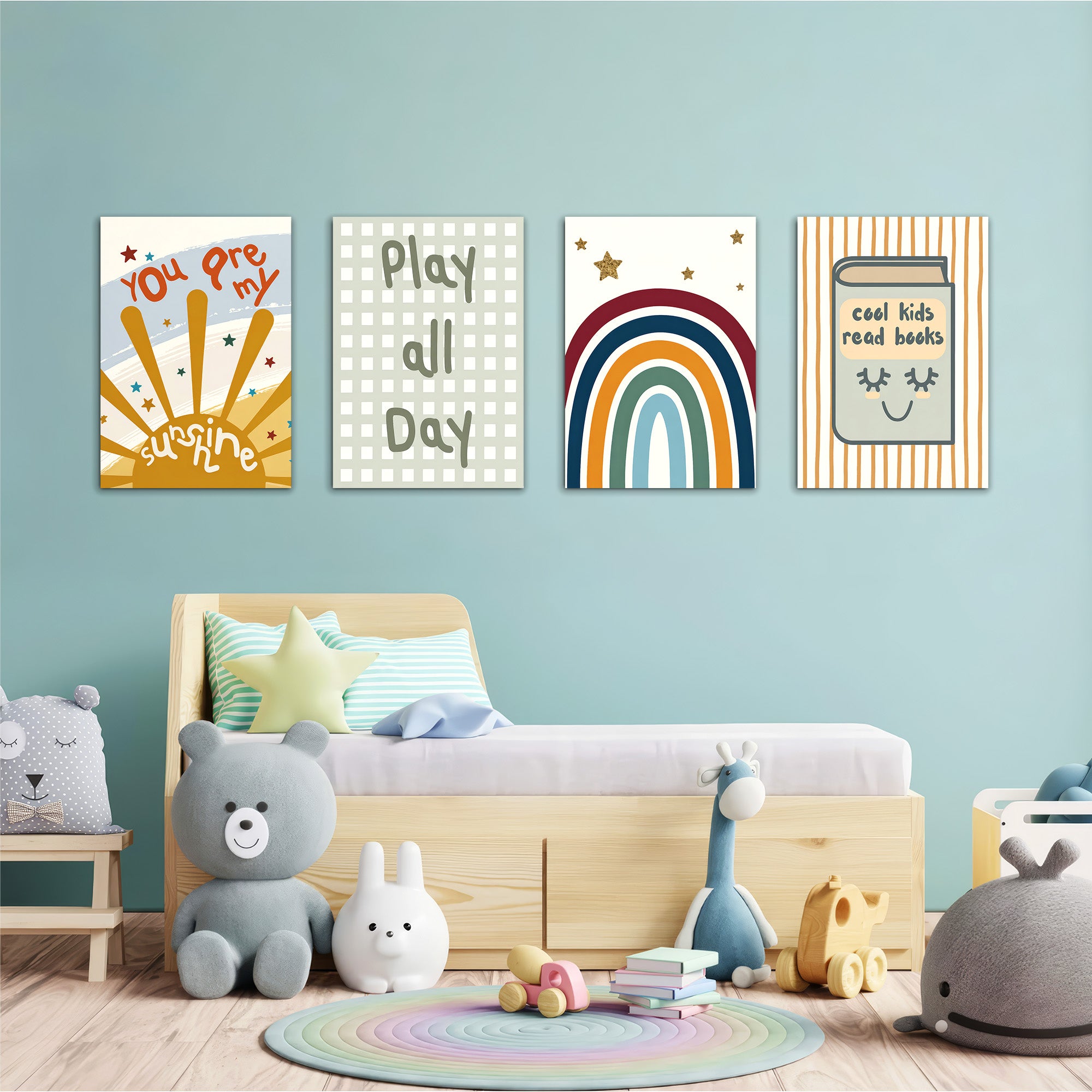 Boho Sunshine & Rainbow 4 Pieces Kids Metal Wall Art.