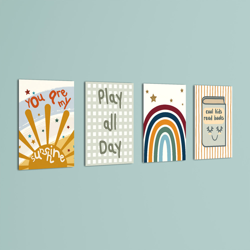 Boho Sunshine & Rainbow 4 Pieces Kids Metal Wall Art.
