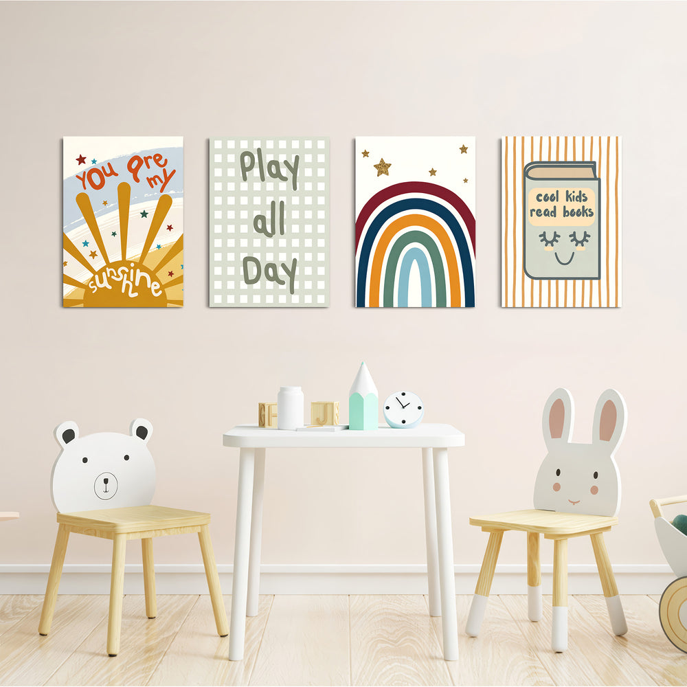 Boho Sunshine & Rainbow 4 Pieces Kids Metal Wall Art.