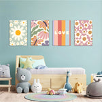 Retro Daisy Love Floral 4 Pieces Kids Metal Wall Art.