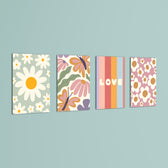 Retro Daisy Love Floral 4 Pieces Kids Metal Wall Art.