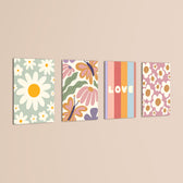 Retro Daisy Love Floral 4 Pieces Kids Metal Wall Art.