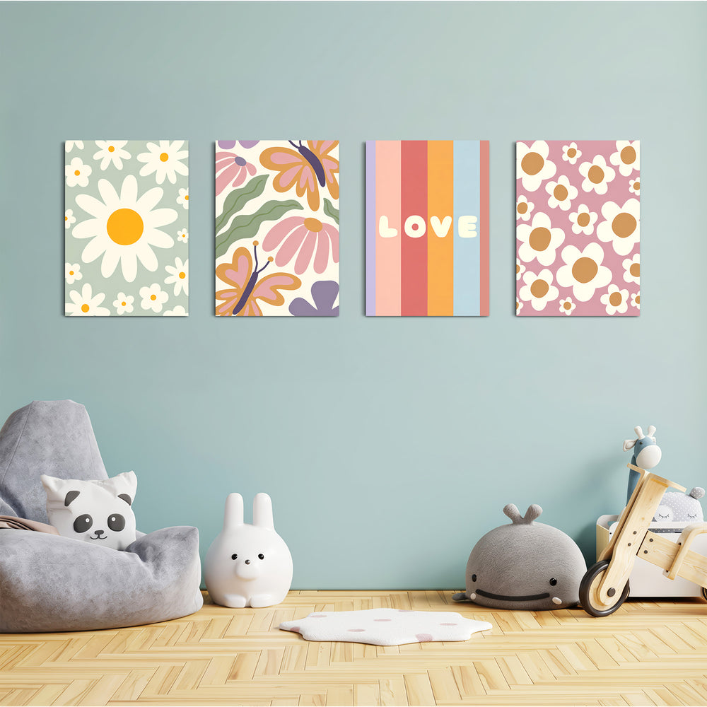Retro Daisy Love Floral 4 Pieces Kids Metal Wall Art.
