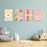 Retro Daisy Love Floral 4 Pieces Kids Metal Wall Art.