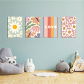 Retro Daisy Love Floral 4 Pieces Kids Metal Wall Art.