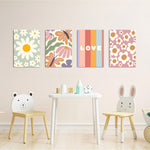 Retro Daisy Love Floral 4 Pieces Kids Metal Wall Art.