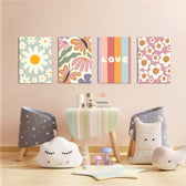 Retro Daisy Love Floral 4 Pieces Kids Metal Wall Art.