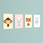 Cute Baby Animals Monkey Giraffe Tiger 4 Pieces Kids Metal Wall Art.