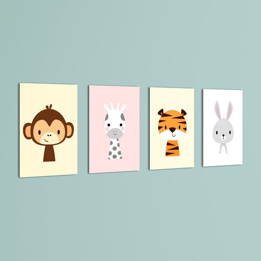 Cute Baby Animals Monkey Giraffe Tiger 4 Pieces Kids Metal Wall Art.