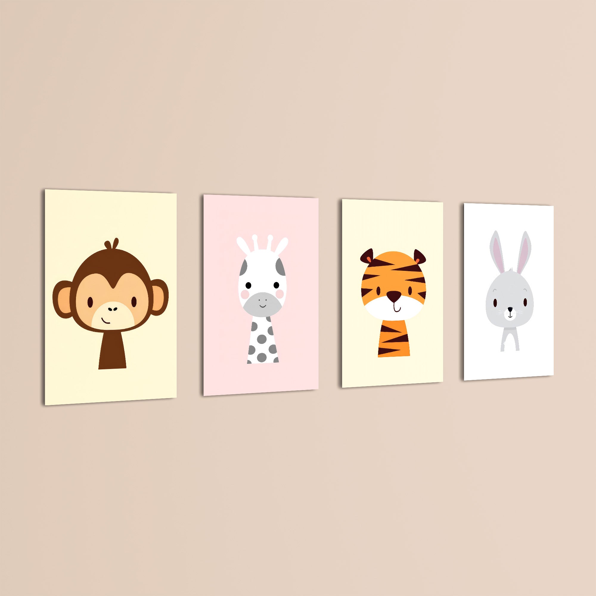 Cute Baby Animals Monkey Giraffe Tiger 4 Pieces Kids Metal Wall Art.