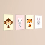 Cute Baby Animals Monkey Giraffe Tiger 4 Pieces Kids Metal Wall Art.