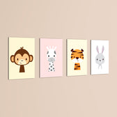 Cute Baby Animals Monkey Giraffe Tiger 4 Pieces Kids Metal Wall Art.