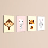 Cute Baby Animals Monkey Giraffe Tiger 4 Pieces Kids Metal Wall Art.
