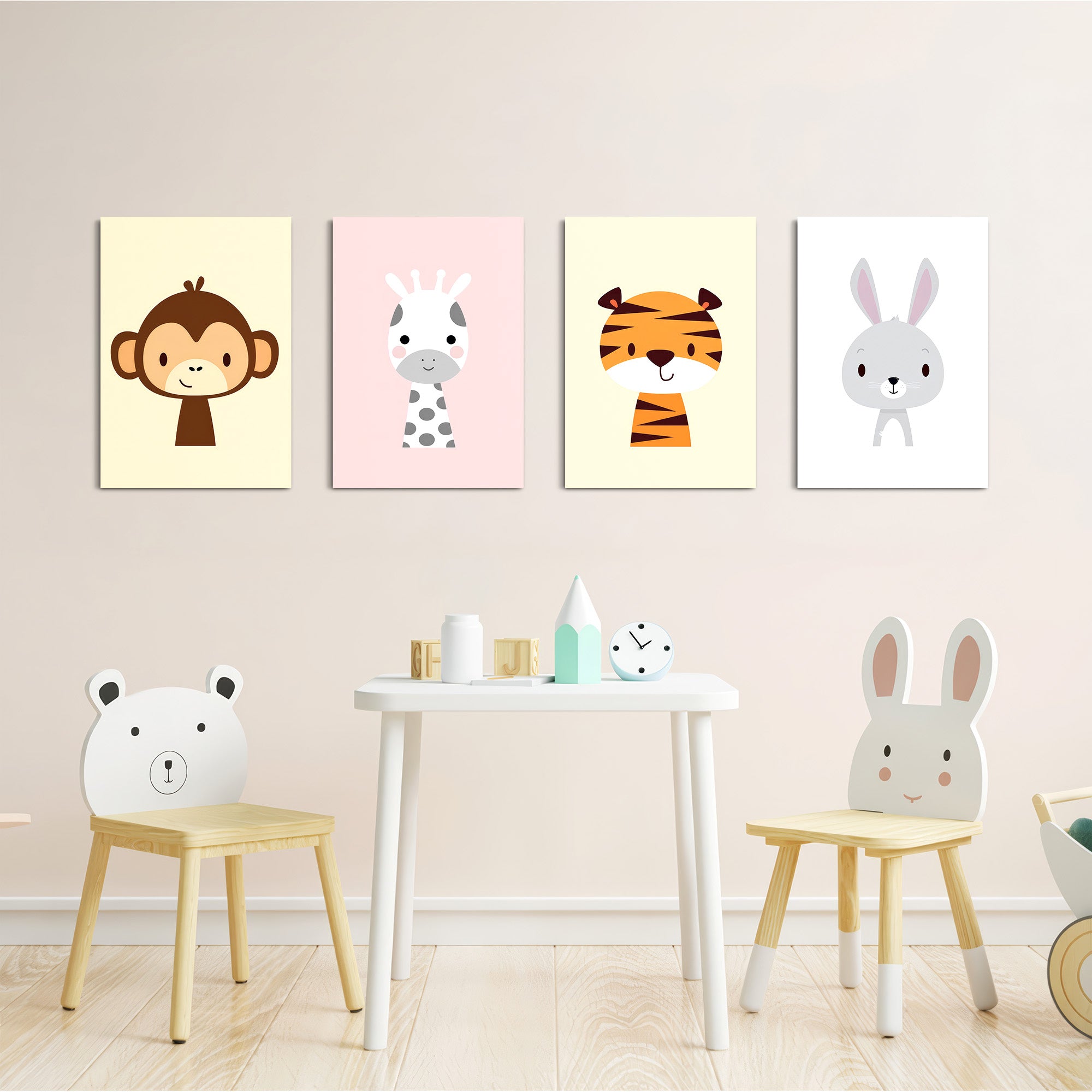 Cute Baby Animals Monkey Giraffe Tiger 4 Pieces Kids Metal Wall Art.